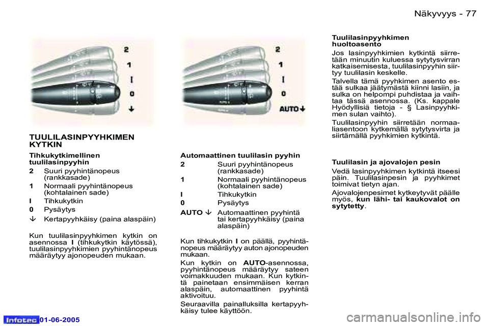 Peugeot 307 2005  Omistajan käsikirja (in Finnish) �7�6 �-
�0�1�-�0�6�-�2�0�0�5
�7�7
�-
�0�1�-�0�6�-�2�0�0�5
�T�u�u�l�i�l�a�s�i�n�p�y�y�h�k�i�m�e�n�  
�h�u�o�l�t�o�a�s�e�n�t�o 
�J�o�s�  �l�a�s�i�n�p�y�y�h�k�i�m�i�e�n�  �k�y�t�k�i�n�t�ä�  �s�i�i�r�r�e
