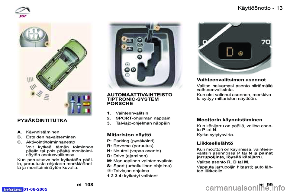 Peugeot 307 2005  Omistajan käsikirja (in Finnish) �1�2 �-
�0�1�-�0�6�-�2�0�0�5
�1�3
�-
�0�1�-�0�6�-�2�0�0�5
�K�ä�y�t�t�ö�ö�n�o�t�t�o
�A�U�T�O�M�A�A�T�T�I�V�A�I�H�T�E�I�S�T�O�  
�T�I�P�T�R�O�N�I�C�-�S�Y�S�T�E�M� 
�P�O�R�S�C�H�E
�1�. �  �V�a�i�h�t�e
