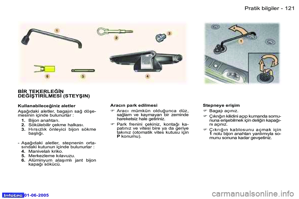 Peugeot 307 2005  Kullanım Kılavuzu (in Turkish) �1�2�0 �-
�0�1�-�0�6�-�2�0�0�5
�1�2�1
�-
�0�1�-�0�6�-�2�0�0�5
�A�r�a�c�ı�n� �p�a�r�k� �e�d�i�l�m�e�s�i �F� 
�A�r�a�c�ı�  �m�ü�m�k�ü�n�  �o�l�d�u�ğ�u�n�c�a�  �d�ü�z�,�  
�s�a�ğ�l�a�m�  �v�e�  �k