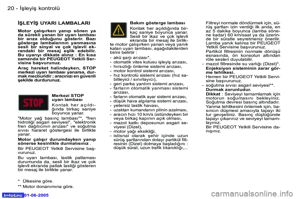 Peugeot 307 2005  Kullanım Kılavuzu (in Turkish) �2�0 �-
�0�1�-�0�6�-�2�0�0�5
�2�1
�-
�0�1�-�0�6�-�2�0�0�5
�İ�Ş�L�E�Y�İ�Ş� �U�Y�A�R�I� �L�A�M�B�A�L�A�R�I
�M�o�t�o�r�  �ç�a�l�ı�ş�ı�r�k�e�n�  �y�a�n�ı�p�  �s�ö�n�e�n�  �y�a�  
�d�a� �s�ü�r�e