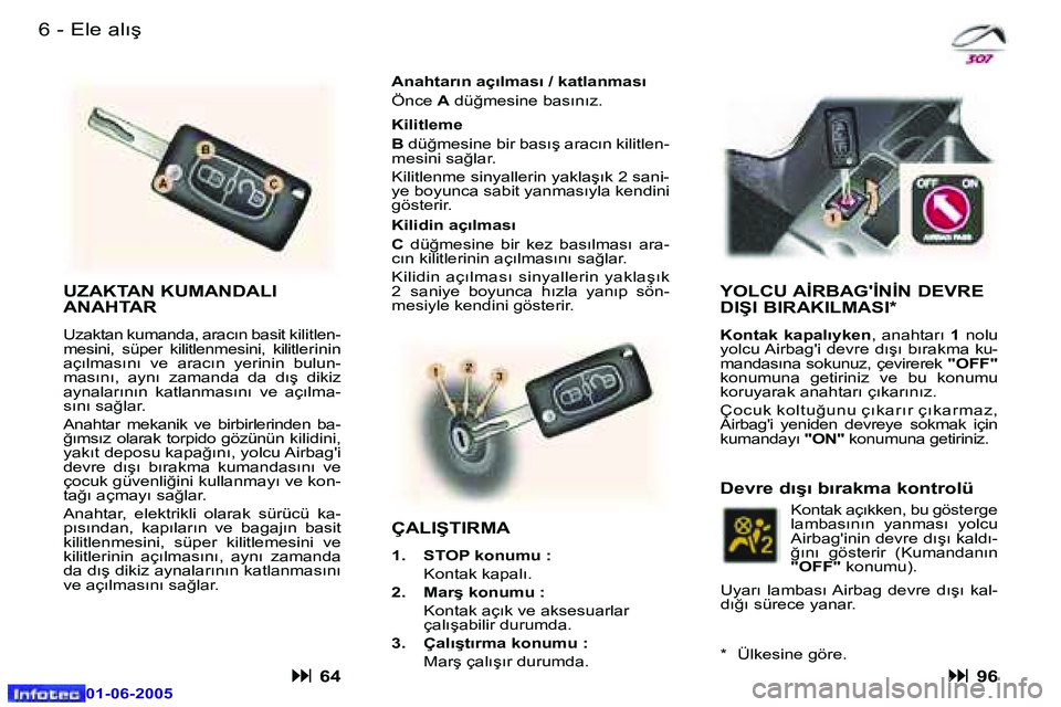 Peugeot 307 2005  Kullanım Kılavuzu (in Turkish) �6 �-
�0�1�-�0�6�-�2�0�0�5
�7
�-
�0�1�-�0�6�-�2�0�0�5
�E�l�e� �a�l�ı�ş� 
�U�Z�A�K�T�A�N� �K�U�M�A�N�D�A�L�I�  
�A�N�A�H�T�A�R
�U�z�a�k�t�a�n� �k�u�m�a�n�d�a�,� �a�r�a�c�ı�n� �b�a�s�i�t� �k�i�l�i�t�