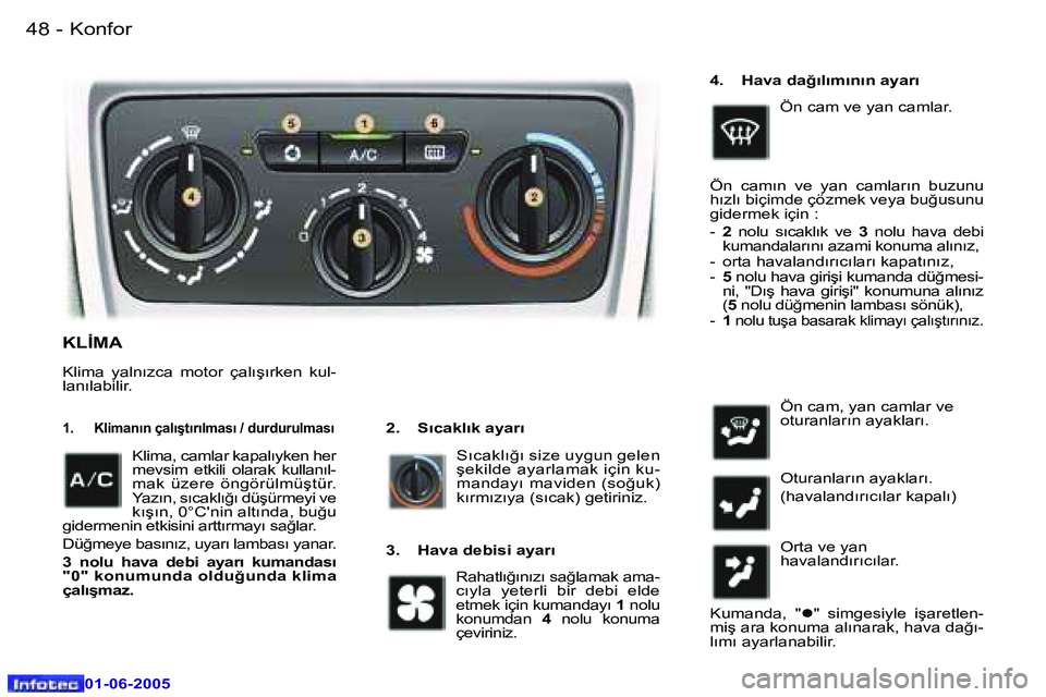 Peugeot 307 2005  Kullanım Kılavuzu (in Turkish) �4�8 �-
�0�1�-�0�6�-�2�0�0�5
�4�9
�-
�0�1�-�0�6�-�2�0�0�5
�K�L�İ�M�A
�2�.�  �S�ı�c�a�k�l�ı�k� �a�y�a�r�ı�1�.�  �K�l�i�m�a�n�ı�n� �ç�a�l�ı�ş�t�ı�r�ı�l�m�a�s�ı� �/� �d�u�r�d�u�r�u�l�m�a�s�ı
