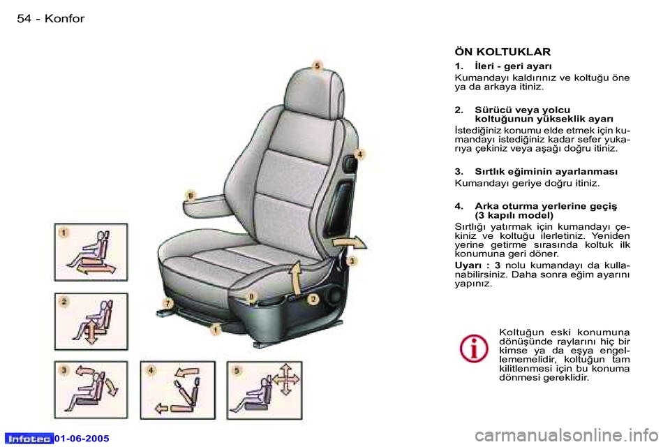 Peugeot 307 2005  Kullanım Kılavuzu (in Turkish) �5�4 �-
�0�1�-�0�6�-�2�0�0�5
�5�5
�-
�0�1�-�0�6�-�2�0�0�5
�Ö�N� �K�O�L�T�U�K�L�A�R
�1�.�  �İ�l�e�r�i� �-� �g�e�r�i� �a�y�a�r�ı 
�K�u�m�a�n�d�a�y�ı� �k�a�l�d�ı�r�ı�n�ı�z� �v�e� �k�o�l�t�u�ğ�u� 
