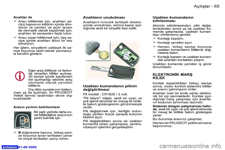 Peugeot 307 2005  Kullanım Kılavuzu (in Turkish) �6�4 �-
�0�1�-�0�6�-�2�0�0�5
�6�5
�-
�0�1�-�0�6�-�2�0�0�5
�E�L�E�K�T�R�O�N�İ�K� �M�A�R�Ş�  
�K�İ�L�İ�D�İ
�K�o�n�t�a�k�  �k�a�p�a�t�ı�l�d�ı�k�t�a�n�  �b�i�r�k�a�ç�  �s�a�n�i�y�e�  
�s�o�n�r�a�,