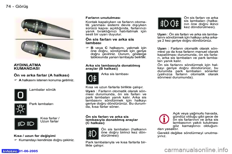 Peugeot 307 2005  Kullanım Kılavuzu (in Turkish) �7�4 �-
�0�1�-�0�6�-�2�0�0�5
�7�5
�-
�0�1�-�0�6�-�2�0�0�5
�A�Y�D�I�N�L�A�T�M�A�  
�K�U�M�A�N�D�A�S�I
�Ö�n� �v�e� �a�r�k�a� �f�a�r�l�a�r� �(�A� �h�a�l�k�a�s�ı�)
�F� �A� 
�h�a�l�k�a�s�ı�n�ı� �i�s�t�