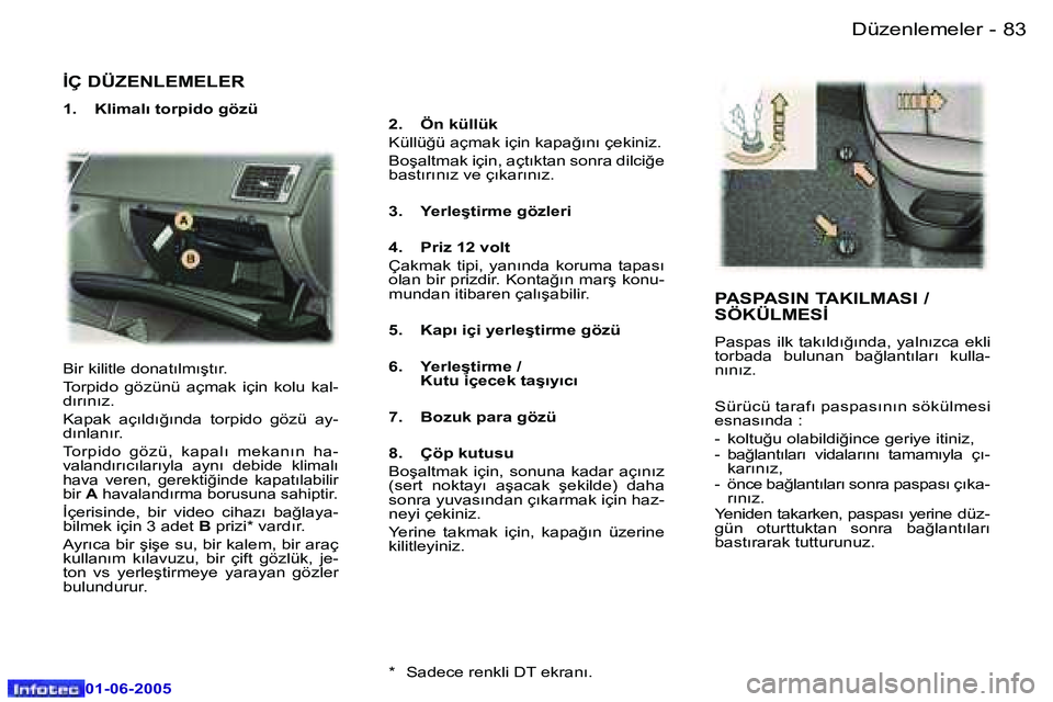 Peugeot 307 2005  Kullanım Kılavuzu (in Turkish) �8�2 �-
�0�1�-�0�6�-�2�0�0�5
�8�3
�-
�0�1�-�0�6�-�2�0�0�5
�İ�Ç� �D�Ü�Z�E�N�L�E�M�E�L�E�R
�1�.�  �K�l�i�m�a�l�ı� �t�o�r�p�i�d�o� �g�ö�z�ü
�2�.�  �Ö�n� �k�ü�l�l�ü�k 
�K�ü�l�l�ü�ğ�ü� �a�ç�m