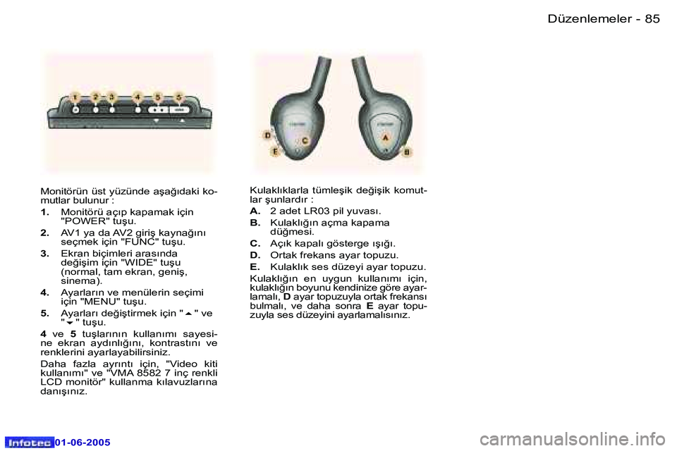 Peugeot 307 2005  Kullanım Kılavuzu (in Turkish) �8�4 �-
�0�1�-�0�6�-�2�0�0�5
�8�5
�-
�0�1�-�0�6�-�2�0�0�5
�M�o�n�i�t�ö�r�ü�n� �ü�s�t� �y�ü�z�ü�n�d�e� �a�ş�a�ğ�ı�d�a�k�i� �k�o�- 
�m�u�t�l�a�r� �b�u�l�u�n�u�r� �: 
�1�.
�  �M�o�n�i�t�ö�r�ü� 