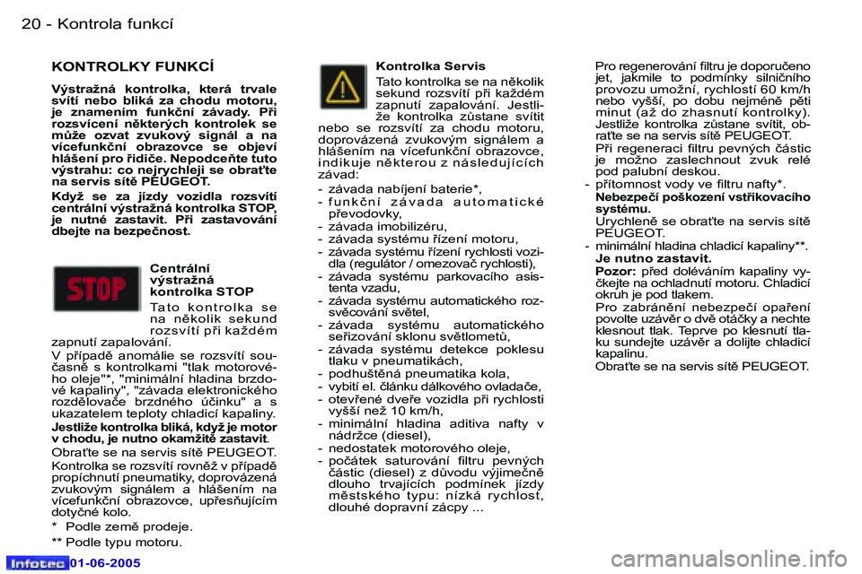 Peugeot 307 2005  Návod k obsluze (in Czech) �2�0 �-
�0�1�-�0�6�-�2�0�0�5
�2�1
�-
�0�1�-�0�6�-�2�0�0�5
�K�O�N�T�R�O�L�K�Y� �F�U�N�K�C�Í
�V�ý�s�t�r�a�ž�n�á�  �k�o�n�t�r�o�l�k�a�,�  �k�t�e�r�á�  �t�r�v�a�l�e�  
�s�v�í�t�í�  �n�e�b�o�  �b�l�