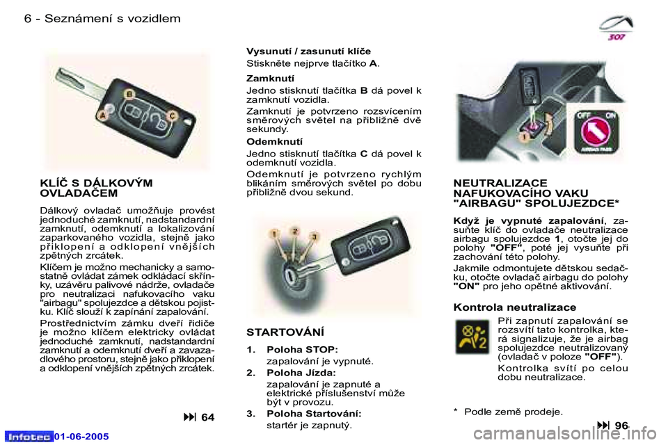 Peugeot 307 2005  Návod k obsluze (in Czech) �6 �-
�0�1�-�0�6�-�2�0�0�5
�7
�-
�0�1�-�0�6�-�2�0�0�5
�S�e�z�n�á�m�e�n�í� �s� �v�o�z�i�d�l�e�m
�K�L�Í�Č� �S� �D�Á�L�K�O�V�Ý�M�  
�O�V�L�A�D�A�Č�E�M
�D�á�l�k�o�v�ý�  �o�v�l�a�d�a�č�  �u�m�o�