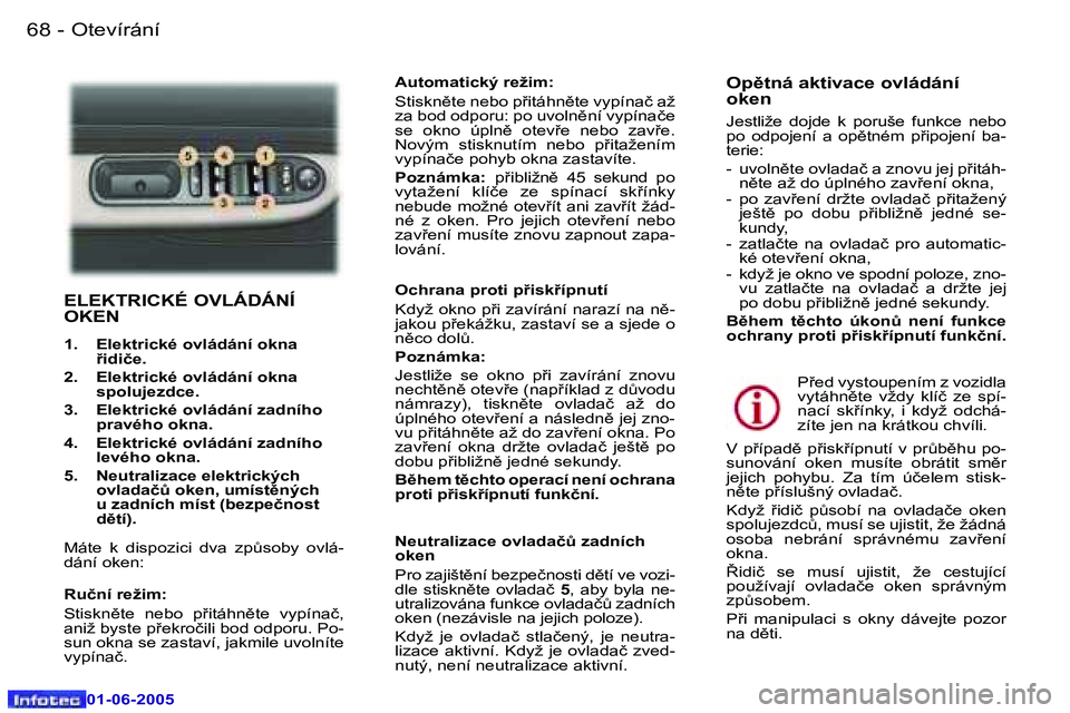 Peugeot 307 2005  Návod k obsluze (in Czech) �6�8 �-
�0�1�-�0�6�-�2�0�0�5
�6�9
�-
�0�1�-�0�6�-�2�0�0�5
�E�L�E�K�T�R�I�C�K�É� �O�V�L�Á�D�Á�N�Í�  
�O�K�E�N
�1�.�  �E�l�e�k�t�r�i�c�k�é� �o�v�l�á�d�á�n�í� �o�k�n�a� 
�i�d�i�č�e�.
�2�.�  �E