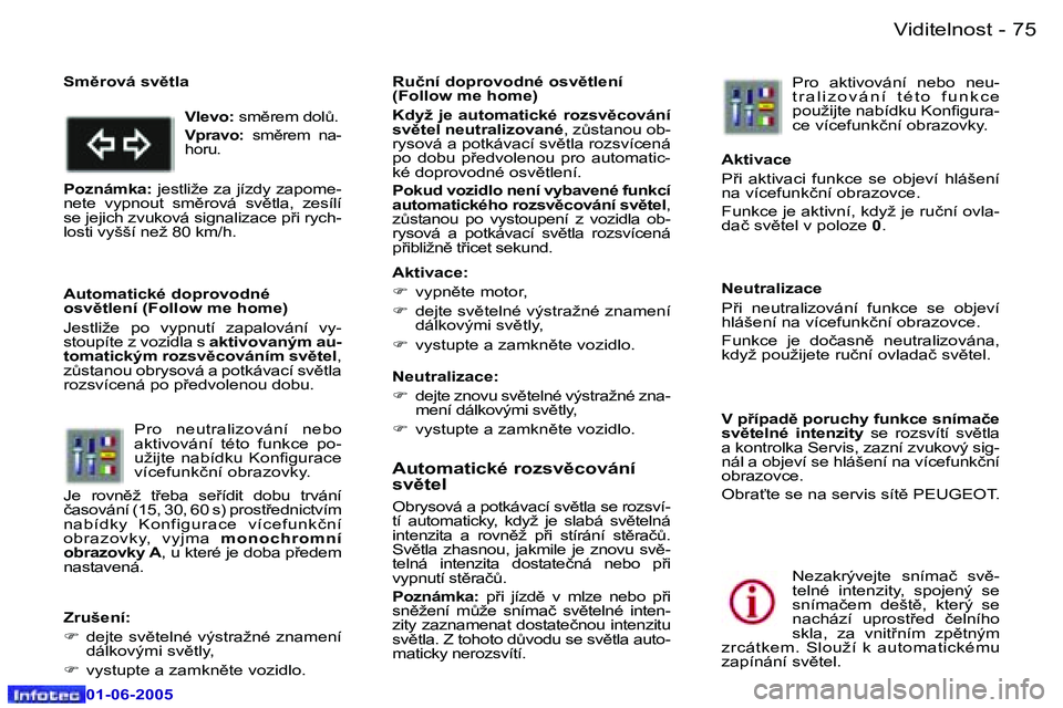 Peugeot 307 2005  Návod k obsluze (in Czech) �7�4 �-
�0�1�-�0�6�-�2�0�0�5
�7�5
�-
�0�1�-�0�6�-�2�0�0�5
�A�u�t�o�m�a�t�i�c�k�é� �r�o�z�s�v)�c�o�v�á�n�í�  
�s�v)�t�e�l
�O�b�r�y�s�o�v�á� �a� �p�o�t�k�á�v�a�c�í� �s�v)�t�l�a� �s�e� �r�o�z�s�