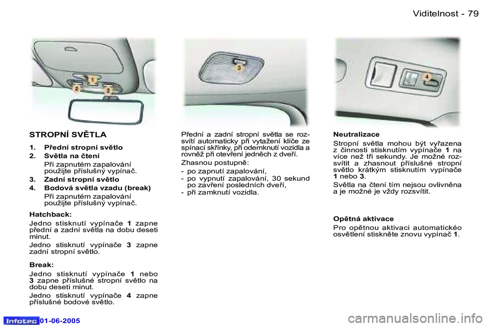 Peugeot 307 2005  Návod k obsluze (in Czech) �7�8 �-
�0�1�-�0�6�-�2�0�0�5
�7�9
�-
�0�1�-�0�6�-�2�0�0�5
�S�T�R�O�P�N�Í� �S�V(�T�L�A
�1�.�  �P�e�d�n�í� �s�t�r�o�p�n�í� �s�v)�t�l�o 
�2�.�  �S�v)�t�l�a� �n�a� �č�t�e�n�í� 
�  �P9�i� �z�a�p