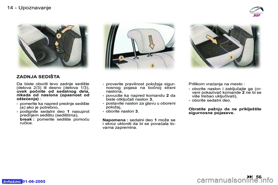 Peugeot 307 2005  Упутство за употребу (in Serbian) �1�4 �-
�0�1�-�0�6�-�2�0�0�5
�1�5
�-
�0�1�-�0�6�-�2�0�0�5
�U�p�o�z�n�a�v�a�n�j�e
�Z�A�D�N�J�A� �S�E�D�I�Š�T�A� 
�D�a�  �b�i�s�t�e�  �o�b�o�r�i�l�i�  �l�e�v�o�  �z�a�d�n�j�e�  �s�e�d�i�š�t�e�  
�(�d�
