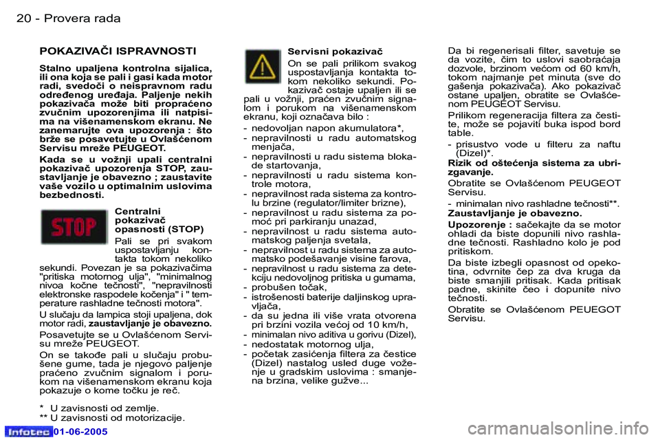Peugeot 307 2005  Упутство за употребу (in Serbian) �2�0 �-
�0�1�-�0�6�-�2�0�0�5
�2�1
�-
�0�1�-�0�6�-�2�0�0�5
�P�O�K�A�Z�I�V�A�Č�I� �I�S�P�R�A�V�N�O�S�T�I
�S�t�a�l�n�o�  �u�p�a�l�j�e�n�a�  �k�o�n�t�r�o�l�n�a�  �s�i�j�a�l�i�c�a�,�  
�i�l�i� �o�n�a� �k�
