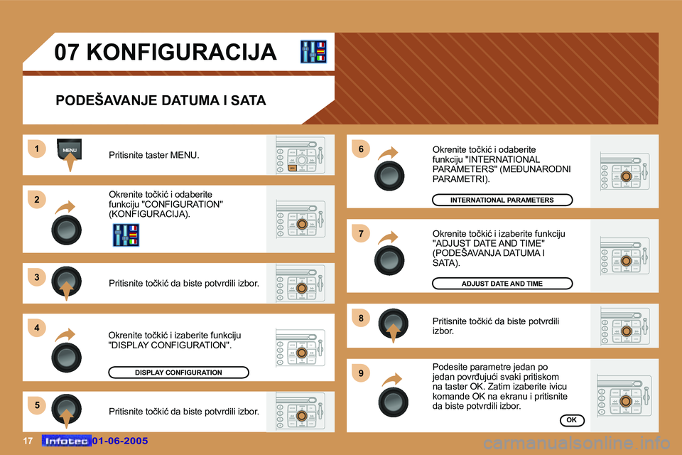 Peugeot 307 2005  Упутство за употребу (in Serbian) �1�7�0�1�-�0�6�-�2�0�0�5�0�1�-�0�6�-�2�0�0�5
�0�7� �K�O�N�F�I�G�U�R�A�C�I�J�A�P�O�D�E�Š�A�V�A�N�J�E� �D�A�T�U�M�A� �I� �S�A�T�A
�P�r�i�t�i�s�n�i�t�e� �t�a�s�t�e�r� �M�E�N�U�. 
�O�k�r�e�n�i�t�e� �t�o�
