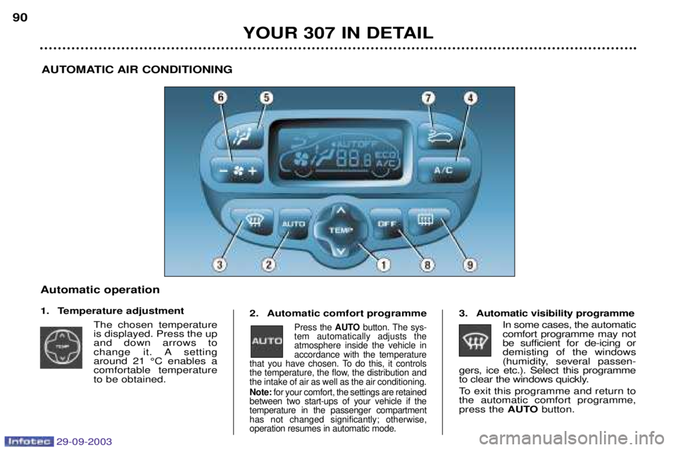 Peugeot 307 2003.5 Owners Manual 29-09-2003
YOUR 307 IN DETAIL
90
AUTOMATIC AIR CONDITIONING
Automatic operation 
1. Temperature adjustment The  chosen   



 "

  
	
 
	 

 
	   