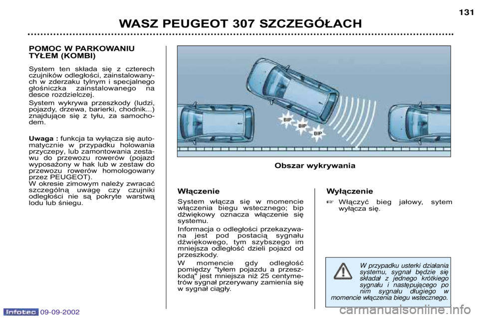 Peugeot 307 2002.5  Instrukcja Obsługi (in Polish) 09-09-2002
WASZ PEUGEOT 307 SZCZEGÓŁACH131
POMOC W PARKOWANIU 
TYŁEM (KOMBI) 
System  ten  składa  się  z  czterech 
czujników odległości, zainstalowany-
ch  w  zderzaku  tylnym  i  specjalneg