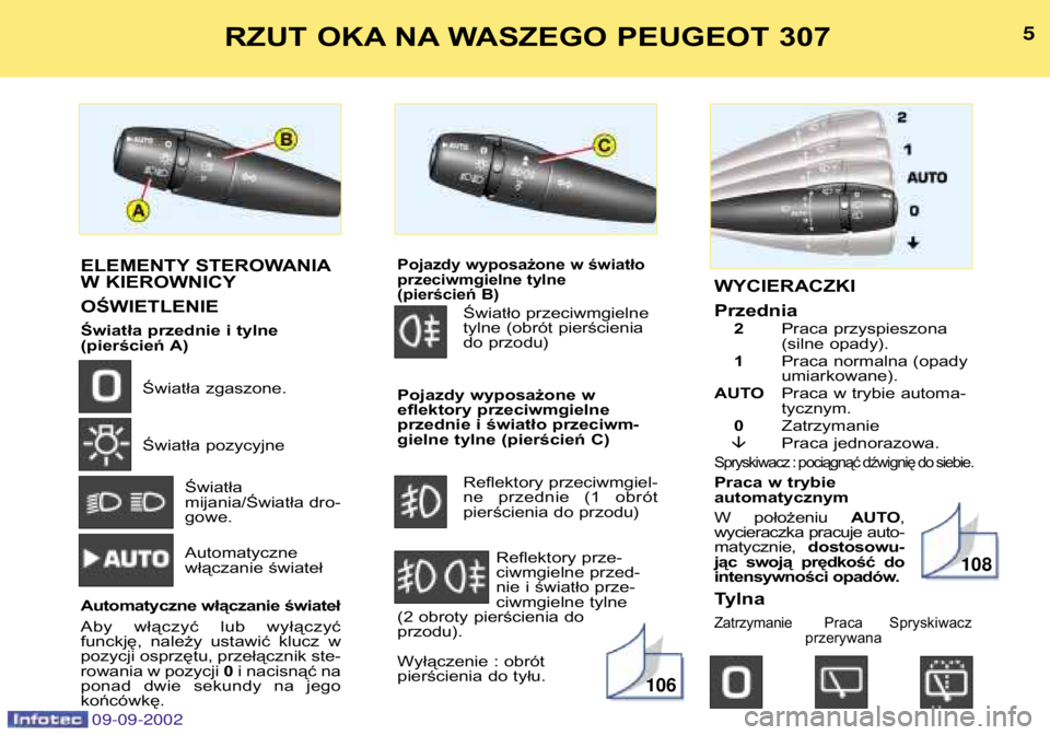 Peugeot 307 2002.5 Instrukcja Obsługi (in Polish) ELEMENTY STEROWANIA
W KIEROWNICY OŚWIETLENIE
Światła przednie i tylne
(pierścień A)Światła zgaszone. Światła pozycyjne
Światła
mijania/Światła dro-gowe. Automatyczne
włączanie świ Peugeot 307 2002.5 Instrukcja Obsługi (in Polish) ELEMENTY STEROWANIA
W KIEROWNICY OŚWIETLENIE
Światła przednie i tylne
(pierścień A)Światła zgaszone. Światła pozycyjne
Światła
mijania/Światła dro-gowe. Automatyczne
włączanie świ