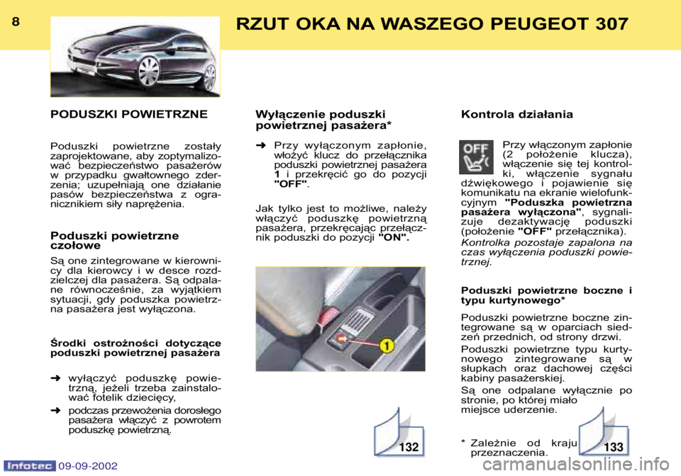 Peugeot 307 2002.5 Instrukcja Obsługi (in Polish) PODUSZKI POWIETRZNE
Poduszki powietrzne zostały
zaprojektowane, aby zoptymalizo-
wać bezpieczeństwo pasażerów
w przypadku gwałtownego zder-
zenia; uzupełniają one działanie
pas Peugeot 307 2002.5 Instrukcja Obsługi (in Polish) PODUSZKI POWIETRZNE
Poduszki powietrzne zostały
zaprojektowane, aby zoptymalizo-
wać bezpieczeństwo pasażerów
w przypadku gwałtownego zder-
zenia; uzupełniają one działanie
pas