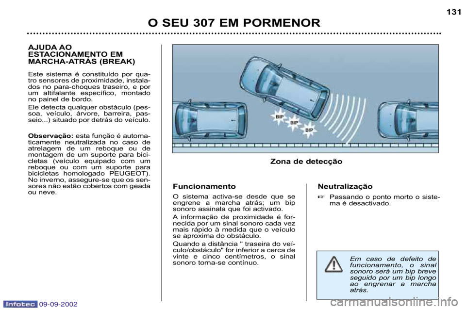 Peugeot 307 2002.5  Manual do proprietário (in Portuguese) 09-09-2002
O SEU 307 EM PORMENOR131
AJUDA AO  
ESTACIONAMENTO EM 
MARCHA�ATRÁS (BREAK) 
Este  sistema  é  constituído  por  qua� 
tro sensores de proximidade, instala�
dos  no  para�choques  trasei