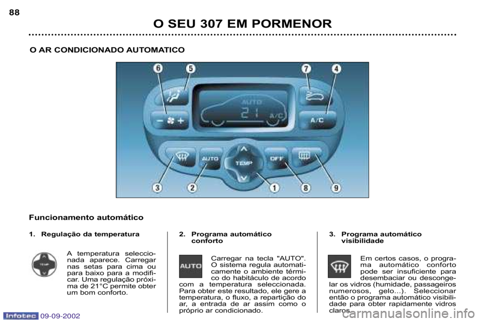 Peugeot 307 2002.5  Manual do proprietário (in Portuguese) O SEU 307 EM PORMENOR
88
O AR CONDICIONADO AUTOMATICO
Funcionamento automático 
1. Regulação da temperatura A temperatura  seleccio�nada  aparece.  Carregar 
nas  setas  para  cima  ou
para  baixo 