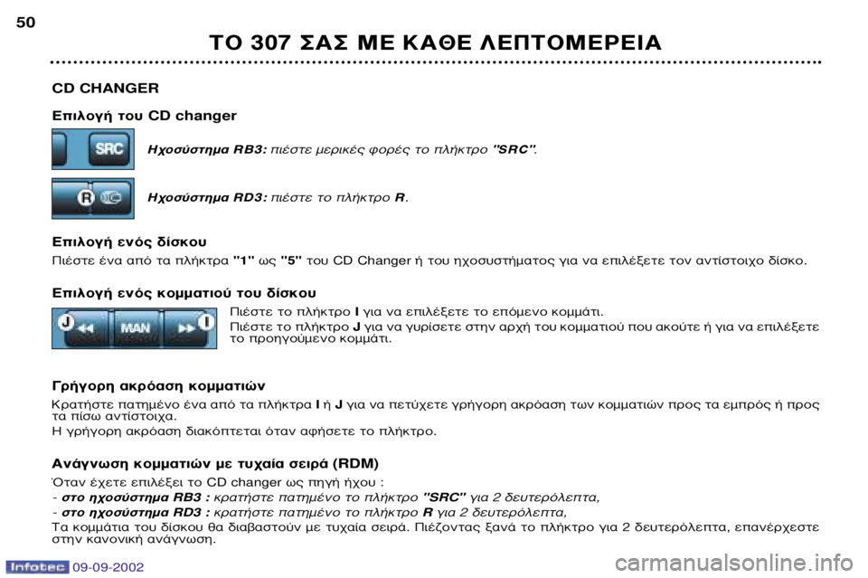 Peugeot 307 2002.5  Εγχειρίδιο χρήσης (in Greek) 09-09-2002
CD CHANGER 
∂ÈÏÔÁ‹ ÙÔ˘ CD changer
�¯ÔÛ‡ÛÙËÌ· RB3: È¤ÛÙÂ ÌÂÚÈÎ¤˜ ÊÔÚ¤˜ ÙÔ Ï‹ÎÙÚÔ  "SRC".
�¯ÔÛ‡ÛÙËÌ· RD3: È¤ÛÙÂ ÙÔ 