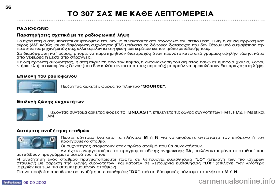 Peugeot 307 2002.5  Εγχειρίδιο χρήσης (in Greek) 09-09-2002
∆√ 307 ™∞™ ª∂ ∫∞£∂ §∂¶∆√ª∂ƒ∂π∞
56
ƒ∞¢π√ºø¡√ 
¶·Ú·ÙËÚ‹ÛÂÈ˜ Û¯ÂÙÈÎ¿ ÌÂ ÙË Ú·‰ÈÔÊˆÓÈÎ‹ Ï‹„Ë 
∆Ô  