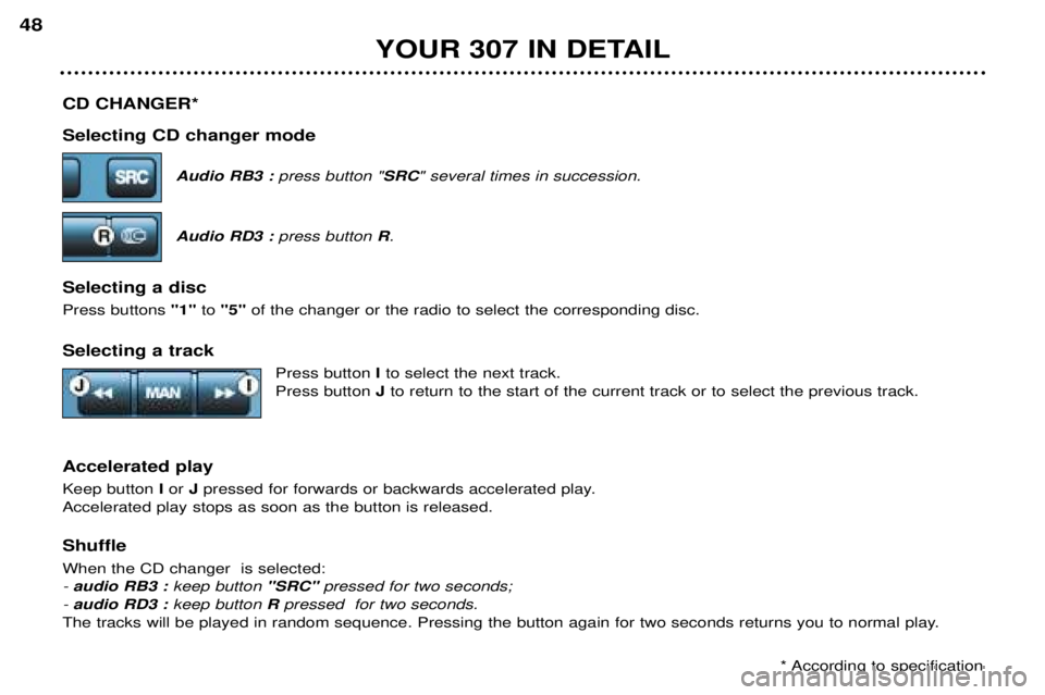 Peugeot 307 2002 Owners Manual CD CHANGER* Selecting CD changer modeAudio RB3 : press button " SRC" several times in succession.
Audio RD3 : press button R.
Selecting a disc Press buttons "1"to "5" of the changer or the radio to s Peugeot 307 2002 Owners Manual CD CHANGER* Selecting CD changer modeAudio RB3 : press button " SRC" several times in succession.
Audio RD3 : press button R.
Selecting a disc Press buttons "1"to "5" of the changer or the radio to s