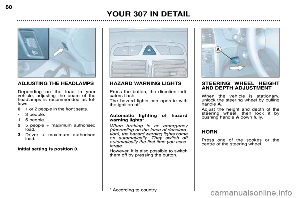 Peugeot 307 2002  Owners Manual ADJUSTING THE HEADLAMPS Depending on the load in your vehicle, adjusting the beam of theheadlamps is recommended as fol-lows. 0 1 or 2 people in the front seats.
- 3 people.
1 5 people.
2 5 people + m
