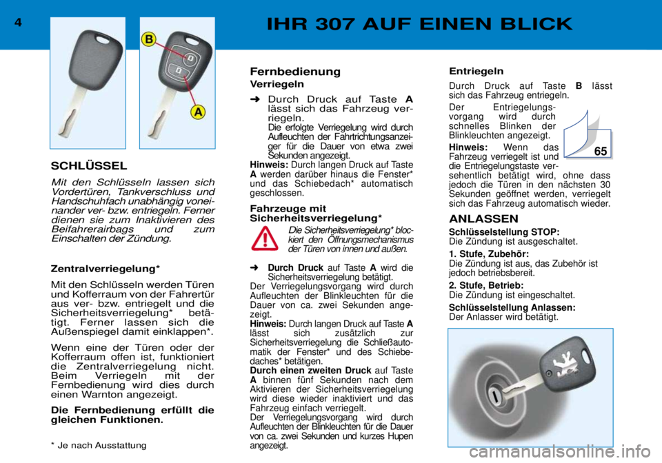 Peugeot 307 2002 Betriebsanleitung (in German) 4IHR 307 AUF EINEN BLICK
SCHL†SSEL Mit den SchlŸsseln lassen sich
VordertŸren, Tankverschluss undHandschuhfach unabhŠngig vonei-
nander ver- bzw. entriegeln. Fernerdienen sie zum Inaktivieren de Peugeot 307 2002 Betriebsanleitung (in German) 4IHR 307 AUF EINEN BLICK
SCHL†SSEL Mit den SchlŸsseln lassen sich
VordertŸren, Tankverschluss undHandschuhfach unabhŠngig vonei-
nander ver- bzw. entriegeln. Fernerdienen sie zum Inaktivieren de