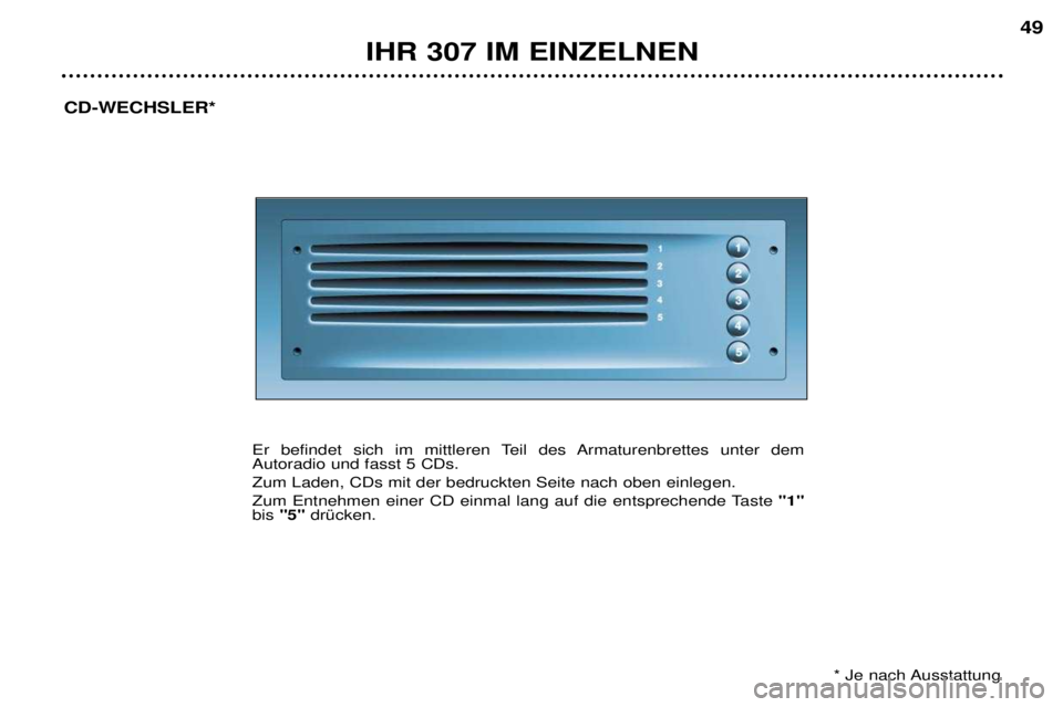Peugeot 307 2002 Betriebsanleitung (in German) IHR 307 IM EINZELNEN49
CD-WECHSLER*
Er befindet sich im mittleren Teil des Armaturenbrettes unter dem Autoradio und fasst 5 CDs. Zum Laden, CDs mit der bedruckten Seite nach oben einlegen.
Zum Entneh Peugeot 307 2002 Betriebsanleitung (in German) IHR 307 IM EINZELNEN49
CD-WECHSLER*
Er befindet sich im mittleren Teil des Armaturenbrettes unter dem Autoradio und fasst 5 CDs. Zum Laden, CDs mit der bedruckten Seite nach oben einlegen.
Zum Entneh
