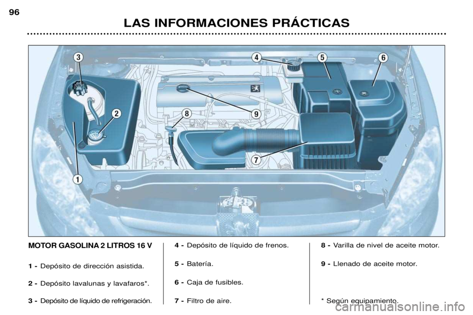 Peugeot 307 2002  Manual del propietario (in Spanish) LAS INFORMACIONES PRçCTICAS
96
MOTOR GASOLINA 2 LITROS 16 V 
1 -
Dep—sito de direcci—n asistida.
2 - Dep—sito lavalunas y lavafaros*.
3 - Dep—sito de l’quido de refrigeraci—n. 4 -
Dep—s