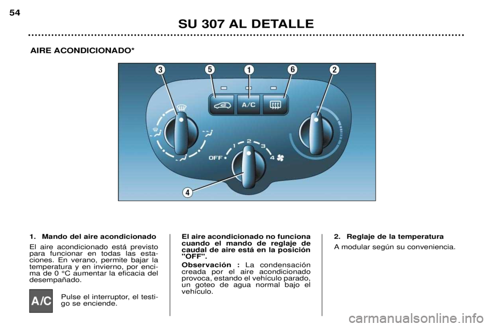 Peugeot 307 2002 Manual del propietario (in Spanish) SU 307 AL DETALLE
54
AIRE ACONDICIONADO*
1. Mando del aire acondicionado El aire acondicionado est‡ previsto para funcionar en todas las esta-ciones. En verano, permite bajar latemperatura y en invi Peugeot 307 2002 Manual del propietario (in Spanish) SU 307 AL DETALLE
54
AIRE ACONDICIONADO*
1. Mando del aire acondicionado El aire acondicionado est‡ previsto para funcionar en todas las esta-ciones. En verano, permite bajar latemperatura y en invi