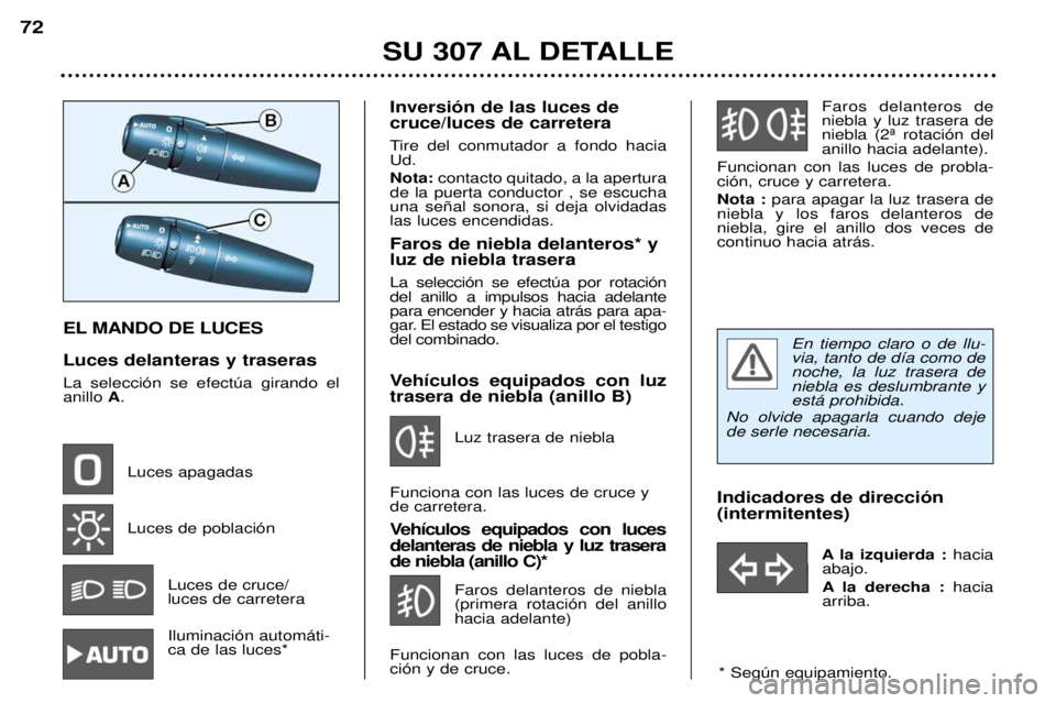Peugeot 307 2002  Manual del propietario (in Spanish) EL MANDO DE LUCES  Luces delanteras y traseras La selecci—n se efectœa girando el anillo A.
Luces apagadas Luces de poblaci—n Luces de cruce/  luces de carretera Iluminaci—n autom‡ti- ca de l