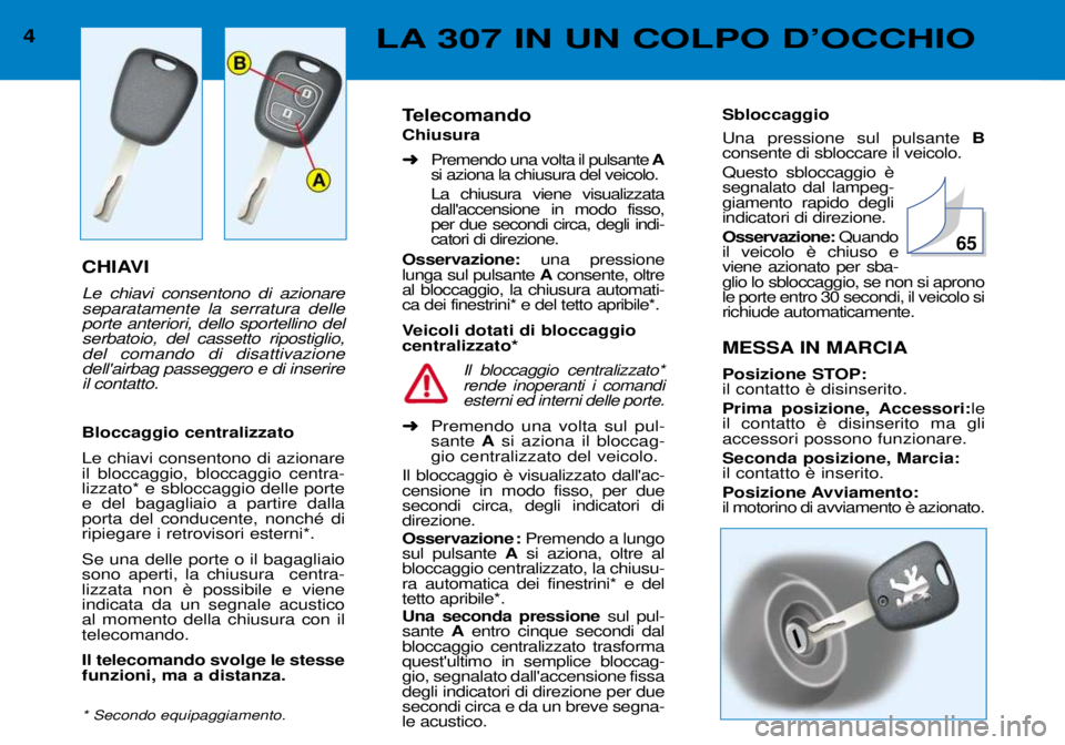 Peugeot 307 2002 Manuale del proprietario (in Italian) Sbloccaggio Una pressione sul pulsante B
consente di sbloccare il veicolo. segnalato dal lampeg-giamento rapido degliindicatori di direzione. Osservazione: Quando
viene azionato per sba-glio lo sbl Peugeot 307 2002 Manuale del proprietario (in Italian) Sbloccaggio Una pressione sul pulsante B
consente di sbloccare il veicolo. segnalato dal lampeg-giamento rapido degliindicatori di direzione. Osservazione: Quando
viene azionato per sba-glio lo sbl