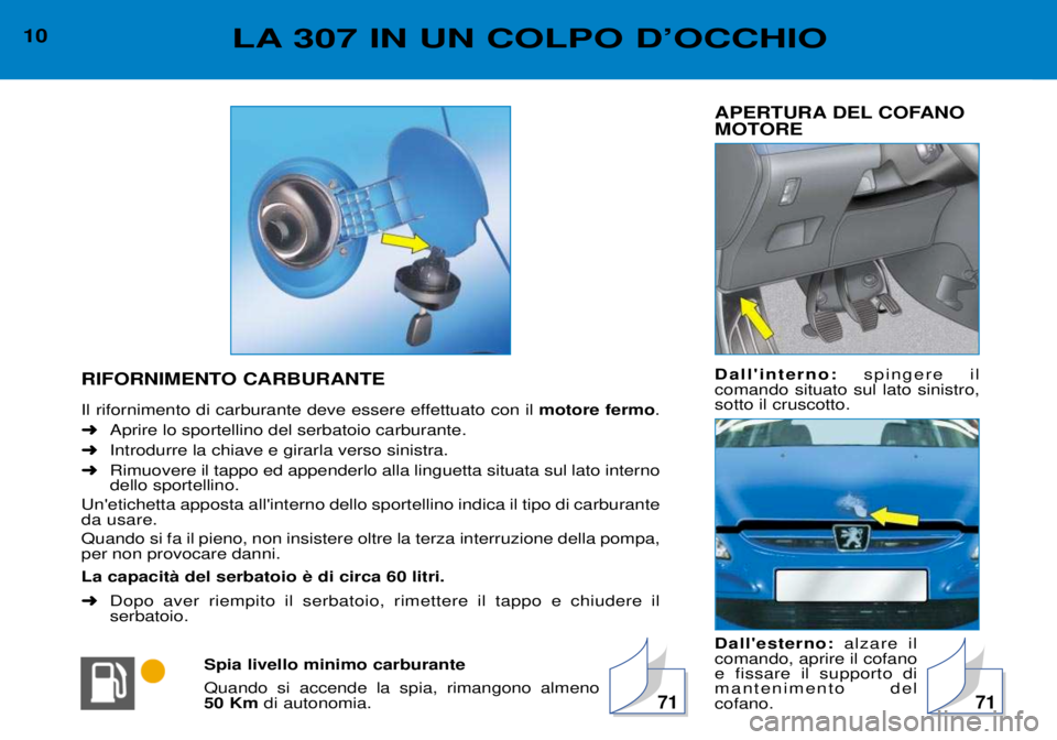 Peugeot 307 2002  Manuale del proprietario (in Italian) Spia livello minimo carburante Quando si accende la spia, rimangono almeno  50 Kmdi autonomia. APERTURA DEL COFANO 
MOTORE Dallinterno:
spingere il
comando situato sul lato sinistro, sotto il cruscot