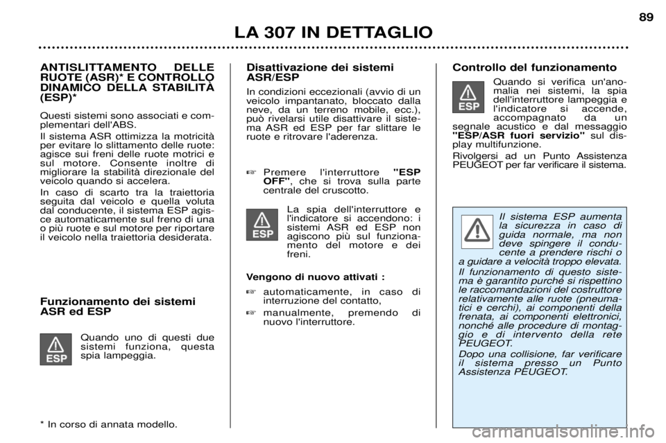 Peugeot 307 2002  Manuale del proprietario (in Italian) Funzionamento dei sistemi ASR ed ESPQuando uno di questi due sistemi funziona, questaspia lampeggia.
* In corso di annata modello. Disattivazione dei sistemi ASR/ESP In condizioni eccezionali (avvio d Peugeot 307 2002  Manuale del proprietario (in Italian) Funzionamento dei sistemi ASR ed ESPQuando uno di questi due sistemi funziona, questaspia lampeggia.
* In corso di annata modello. Disattivazione dei sistemi ASR/ESP In condizioni eccezionali (avvio d