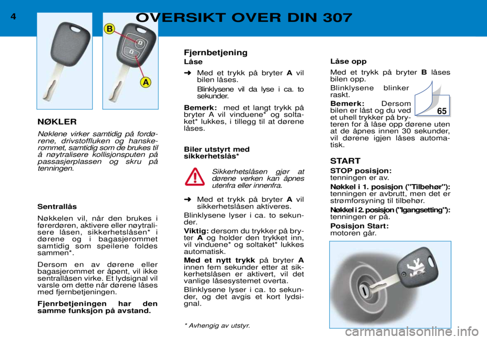 Peugeot 307 2002 Brukerhåndbok (in Norwegian) LŒse opp Med et trykk pŒ bryter BlŒses
bilen opp. Blinklysene blinker raskt. Bemerk: Dersom
bilen er lŒst og du ved et uhell trykker pŒ bry-teren for Œ lŒse opp d¿rene uten
at de Œpnes innen Peugeot 307 2002 Brukerhåndbok (in Norwegian) LŒse opp Med et trykk pŒ bryter BlŒses
bilen opp. Blinklysene blinker raskt. Bemerk: Dersom
bilen er lŒst og du ved et uhell trykker pŒ bry-teren for Œ lŒse opp d¿rene uten
at de Œpnes innen