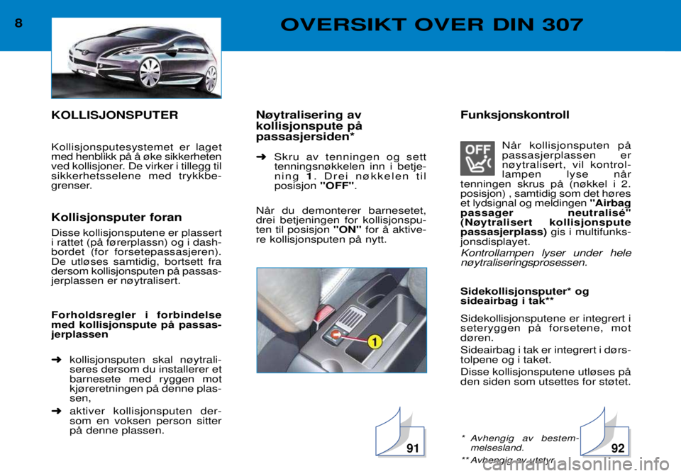 Peugeot 307 2002  Brukerhåndbok (in Norwegian) KOLLISJONSPUTER Kollisjonsputesystemet er laget med henblikk pŒ Œ ¿ke sikkerheten
ved kollisjoner. De virker i tillegg tilsikkerhetsselene med trykkbe-
grenser. Kollisjonsputer foran Disse kollisjo