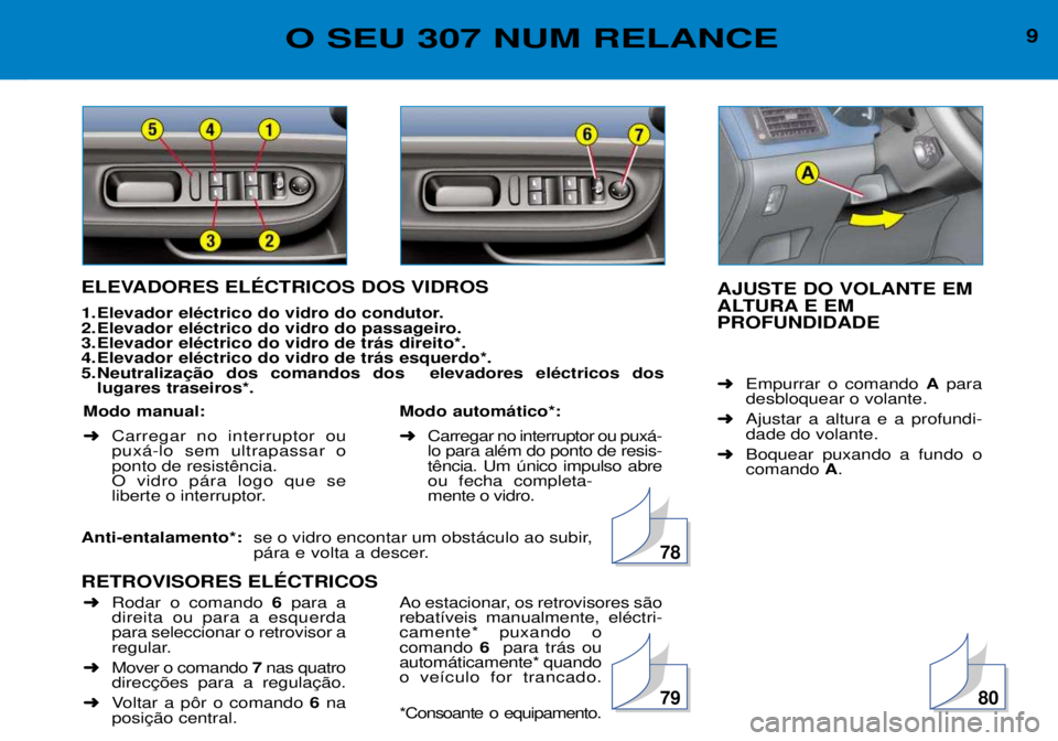 Peugeot 307 2002 Manual do proprietário (in Portuguese) AJUSTE DO VOLANTE EM
ALTURA E EMPROFUNDIDADE ➜Empurrar o comando Apara
desbloquear o volante.
➜ Ajustar a altura e a profundi- dade do volante.
➜ Boquear puxando a fundo ocomando A.
ELEVADORE Peugeot 307 2002 Manual do proprietário (in Portuguese) AJUSTE DO VOLANTE EM
ALTURA E EMPROFUNDIDADE ➜Empurrar o comando Apara
desbloquear o volante.
➜ Ajustar a altura e a profundi- dade do volante.
➜ Boquear puxando a fundo ocomando A.
ELEVADORE