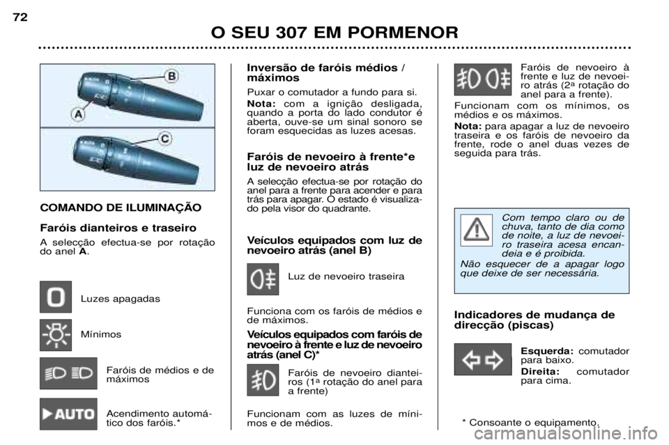 Peugeot 307 2002  Manual do proprietário (in Portuguese) COMANDO DE ILUMINA‚ÌO Far—is dianteiros e traseiro 
A  do anel A.
Luzes apagadas M’nimos Far—is de mŽdios e de m‡ximos Acendimento autom‡- tico dos far—is.* Invers‹o de far—is mŽd