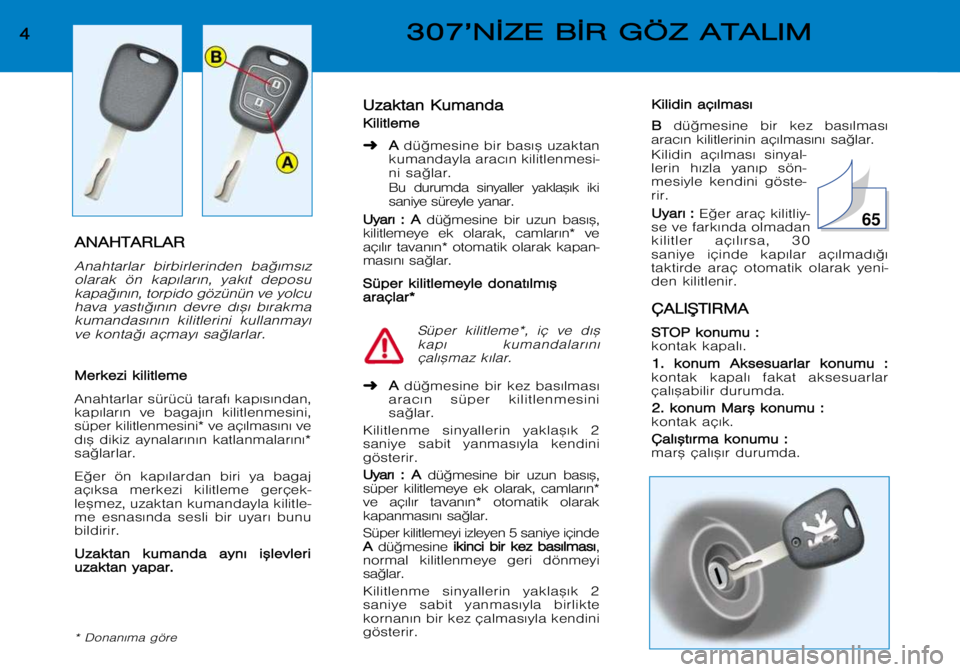 Peugeot 307 2002 Kullanım Kılavuzu (in Turkish) U
U z
z a
a k
k t
t a
a n
n KK u
u m
m a
a n
n d
d a
a
K
K i
i l
l i
i t
t l
l e
e m
m e
e
➜ A
A
dü©mesine bir bas¤™ uzaktan
kumandayla arac¤n kilitlenmesi-
ni sa©lar.
Bu durumda sinyall Peugeot 307 2002 Kullanım Kılavuzu (in Turkish) U
U z
z a
a k
k t
t a
a n
n KK u
u m
m a
a n
n d
d a
a
K
K i
i l
l i
i t
t l
l e
e m
m e
e
➜ A
A
dü©mesine bir bas¤™ uzaktan
kumandayla arac¤n kilitlenmesi-
ni sa©lar.
Bu durumda sinyall