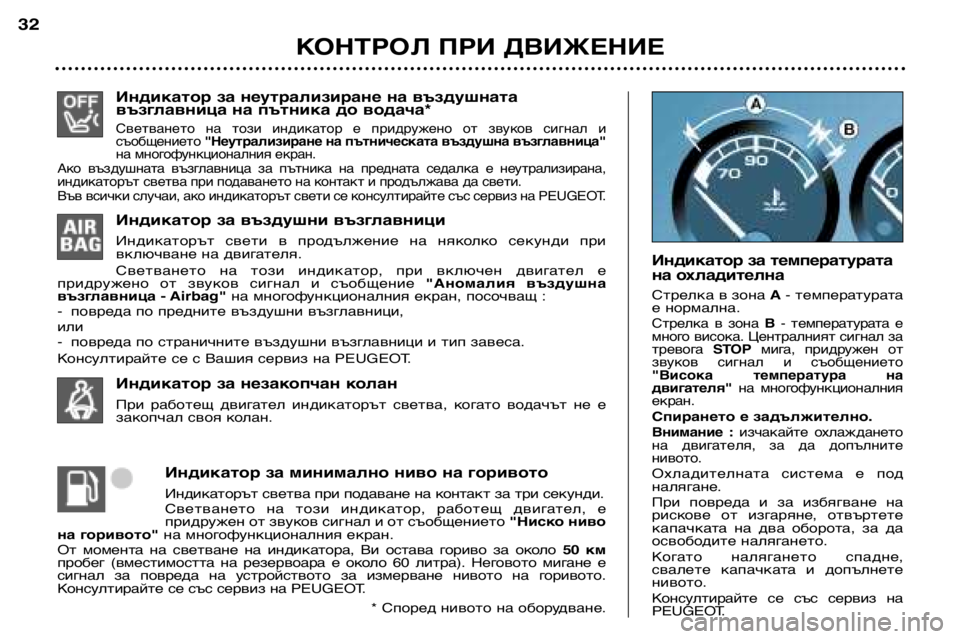 Peugeot 307 2002 Ръководство за експлоатация (in Bulgarian) Индикатор за неутрализиране на въздушната
възглавница на пътника до водача*
Светването на този индикатор Peugeot 307 2002 Ръководство за експлоатация (in Bulgarian) Индикатор за неутрализиране на въздушната
възглавница на пътника до водача*
Светването на този индикатор