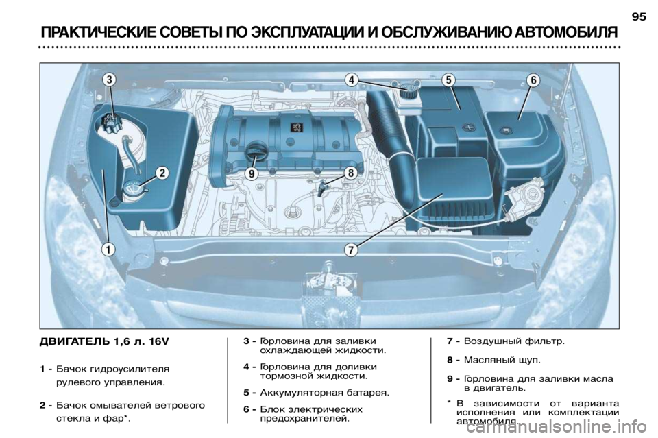 Peugeot 307 2002  Инструкция по эксплуатации (in Russian) ПРАКТИЧЕСКИЕ СОВЕТЫ ПО ЭКСПЛУАТАЦИИ И ОБСЛУЖИВАНИЮ АВТОМОБИЛЯ
95
ДВИГАТЕЛЬ 1,6 л. 16V 
1 -Бачок гидроусилителя 
ру