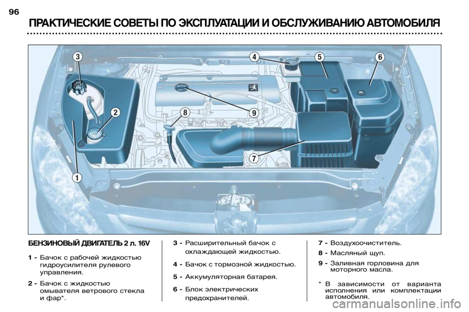 Peugeot 307 2002  Инструкция по эксплуатации (in Russian) ПРАКТИЧЕСКИЕ СОВЕТЫ ПО ЭКСПЛУАТАЦИИ И ОБСЛУЖИВАНИЮ АВТОМОБИЛЯ
96
БЕНЗИНОВЫЙ ДВИГАТЕЛЬ 2 л. 16V 
1 -Бачок с рабоче