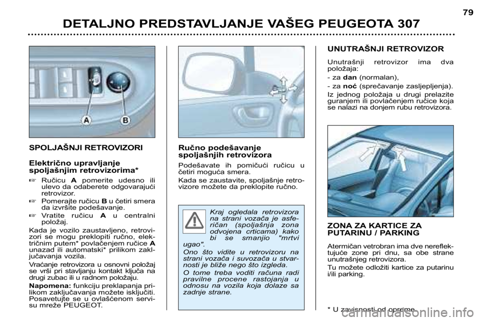 Peugeot 307 2002  Упутство за употребу (in Serbian) Kraj  ogledala  retrovizora 
na  strani  vozača  je  asfe-
ričan  (spoljašnja  zona
odvojena  crticama)  kako
bi  se  smanjio  "mrtvi
ugao". 
Ono  što  vidite  u  retrovizoru  na 
strani  