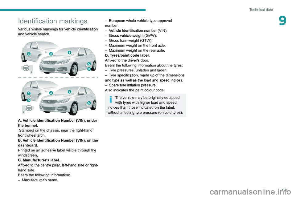Peugeot 308 2021  Owners Manual 183
Technical data
9Identification markings
Various visible markings for vehicle identification 
and vehicle search.
 
 
A. Vehicle Identification Number (VIN), under 
the bonnet.
 Stamped on the chas