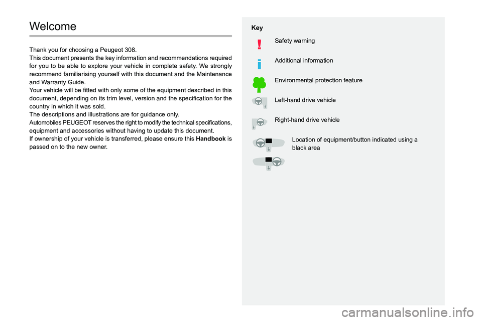 Peugeot 308 2021  Owners Manual   
 
 
 
  
   
   
 
  
 
  
 
 
   
 
 
   
 
 
  
Welcome
Thank you for choosing a Peugeot 308.
This document presents the key information and recommendations required 
for you to be able to explor