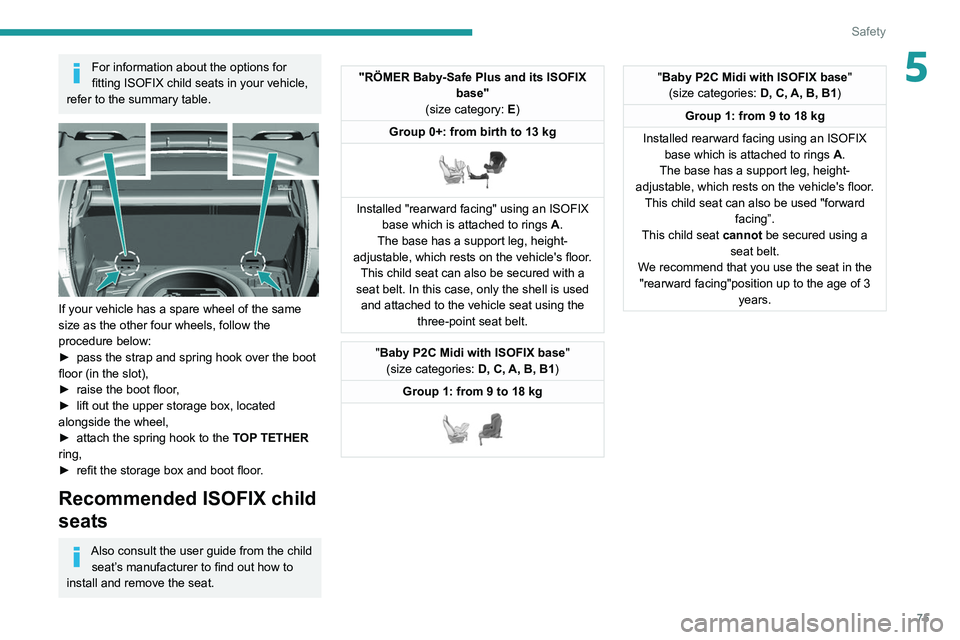 Peugeot 308 2021  Owners Manual 75
Safety
5For information about the options for 
fitting ISOFIX child seats in your vehicle, 
refer to the summary table.
 
 
If your vehicle has a spare wheel of the same 
size as the other four whe