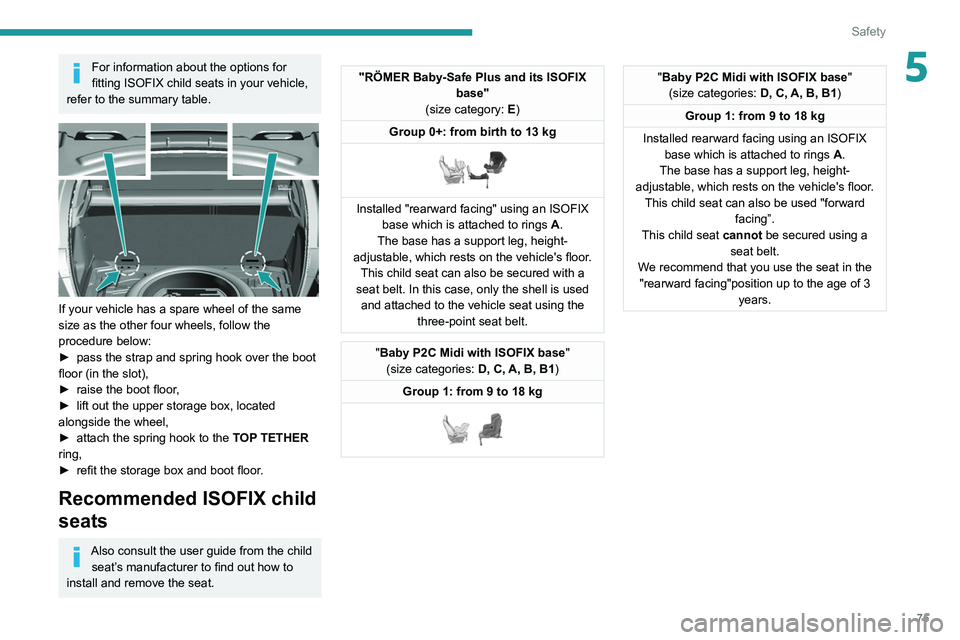 Peugeot 308 2021 Manual PDF 75
Safety
5For information about the options for 
fitting ISOFIX child seats in your vehicle, 
refer to the summary table.
 
 
If your vehicle has a spare wheel of the same 
size as the other four whe